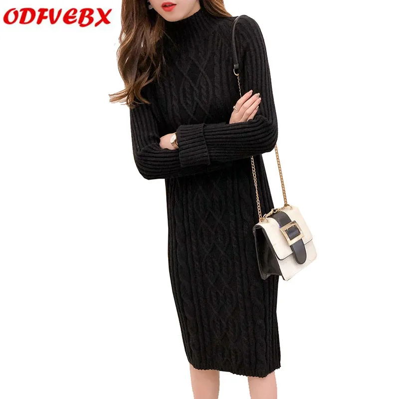 

2019 autumn winter new solid color sweater dresses female medium long bottoming shirt half high collar thick sweater dress women