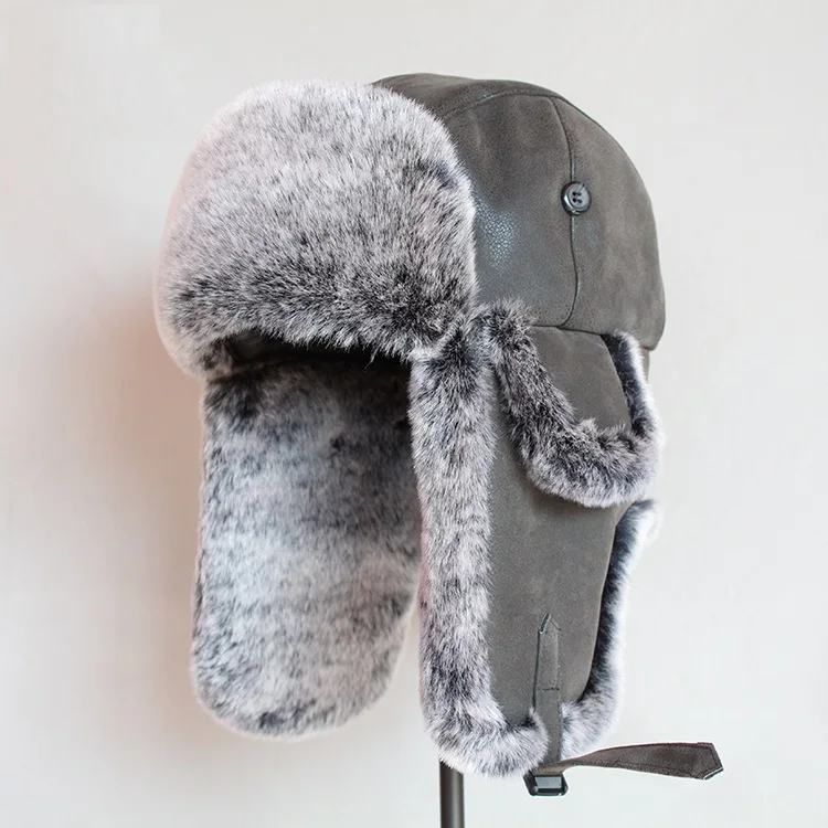 sheepskin bomber hat B-8480 Bomber Hats Faux Leather Fur Men Winter Warm Plush Earflap Women's Russian Ushanka Hat Aviator Trooper Snow Ski  Caps brown leather bomber hat Bomber Hats