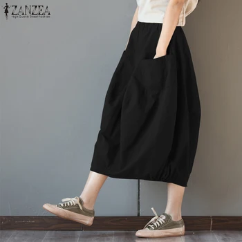 

ZANZEA Women High Elastic Waist Cotton Linen Skirts 2020 Summer Casual Loose Midi Skirt Baggy Party Jupe Faldas Plus Size