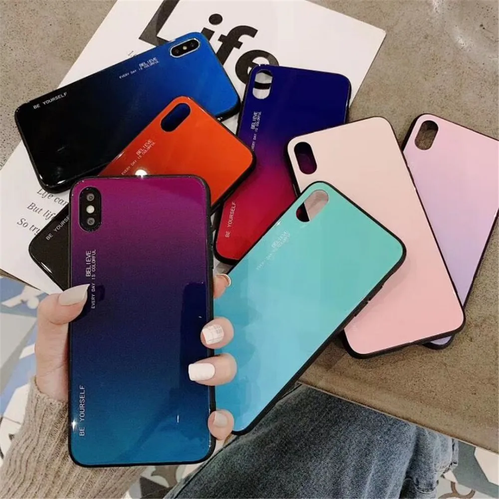 HUANQING Fashion Gradient Glass Tempered Glass Phone Case For iphone XR XS MAX X 8 7 6 6S Plus  Colorful Mobile Phone Cover Luxury Shell01