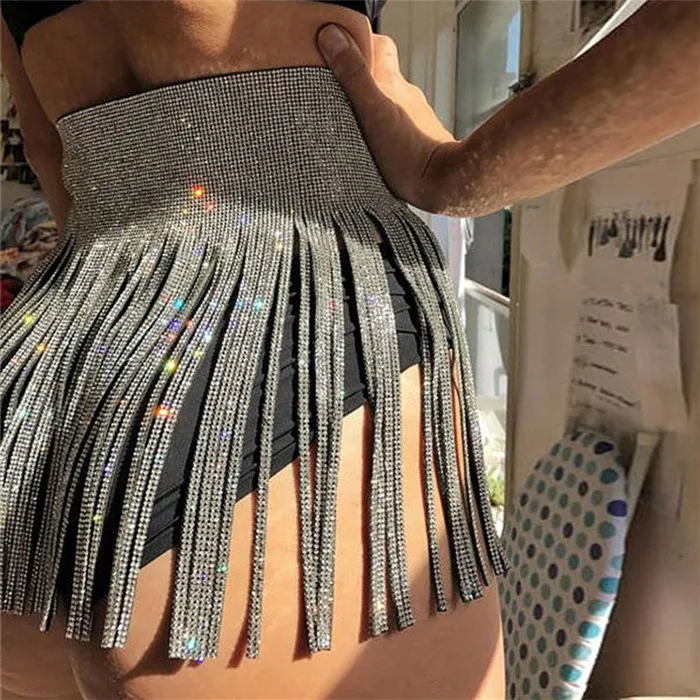 Сексуальные женские серебряные блестки кисточкой юбки дамы блестящие бриллиантовые Стразы Высокая цепочка для тела на талию ночной клуб мини-юбка - Цвет: Серебристый