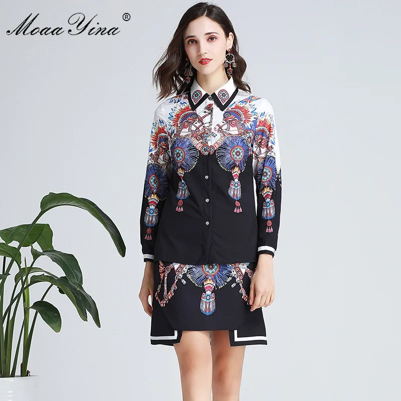 

MoaaYina Fashion Designer Set Spring Summer Women Long sleeve Print High Street Elegant Tops+Short skirt Two-piece suit