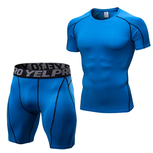 Компрессионная Мужская облегающая Спортивная одежда для фитнеса и бега, быстросохнущая футболка с коротким рукавом+ шорты - Цвет: blue