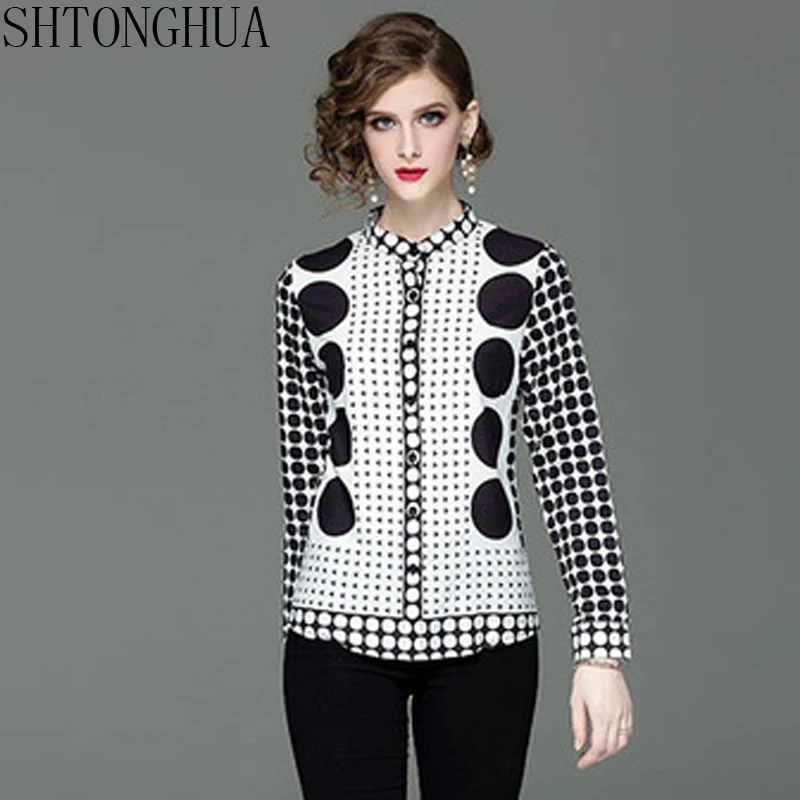 

SHTONGHUA Women Stand Blouse 2019 Summer polka Dot Print Animal Pattern Long Sleeve Shirt Tops Casual Work Wear Plus Size Shirts