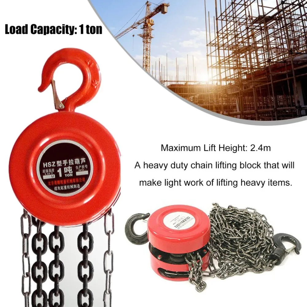 

1 Ton Load Capacity Chain Lifting Block Hoist Tackle Puller Engine Heavy Duty Tool Winch Red Color Built in Safety Brake NEW