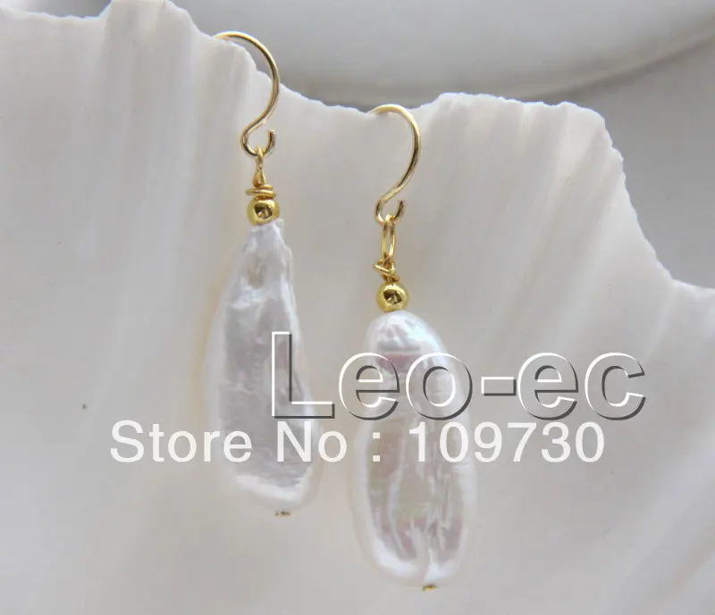 

ry0028 luster 10X21mm white Reborn keshi pearls Earrings Rolled gold hook