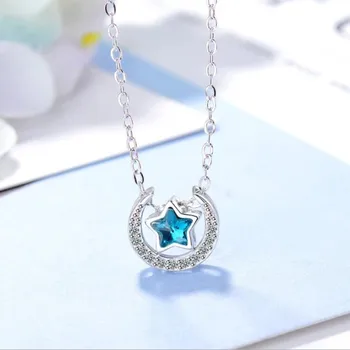 

New Fashion Azure Female Sweet 925 Sterling Silver Jewelry Moon And Blue Star Temperament Crystal Pendant Necklaces H346