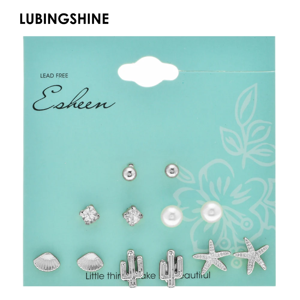 

LUBINESHINE Trendy Mixing Crystal Simulate Pearl Stud Earrings Alloy Gold Sliver Color Star Earrings Jewelry For Women 6 Pairs