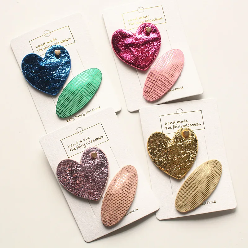 

2PCS/CARD/LOT Fashion Shinning Leather Kids Hair Clip Girls Heart Hairpins Children Cute Oval Barrettes Texture BB Hair Clip