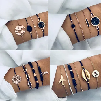 

5 Styles Black Cord Women Bracelets Handmade Vintage Gold Chains Map Shell Deer Love Heart Beads Bracelet Set Boho Jewelry 2019