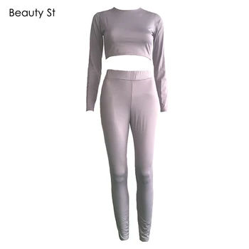 

Beauty Stay Sexy 2 Piece Set Women Pure Color Long Sleeve O-neck Short Clothes Full Length Sliim Pants Winter Fashion Clothing
