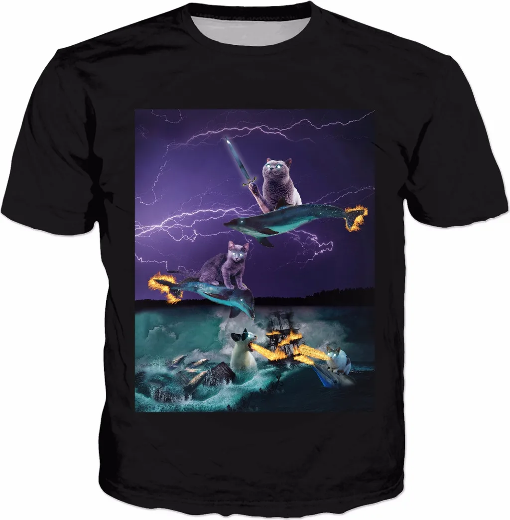 

Cats Riding Fire Dolphins Wreaking Sea Havoc Classic T-shirt Summer Outfits Tops Harajuku Tees Tumblr Crewneck Spiritual T Shirt