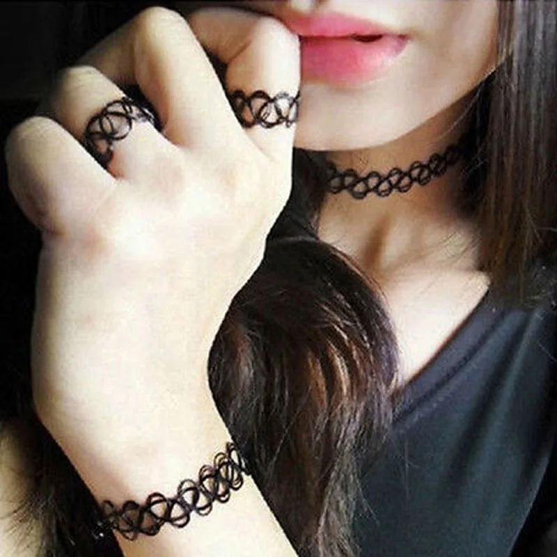 

JEPHNE 1set Vintage Stretch Tattoo Choker Necklace Gothic Elastic Collier Femme Maxi Necklace Set Women 90's Girl Gift