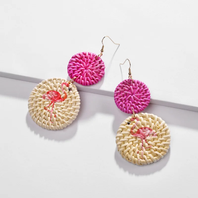 

Designer Summer Flamingo Bird Painting Earrings Round Braided Knitted Rattan Wood Drop Statement Earring