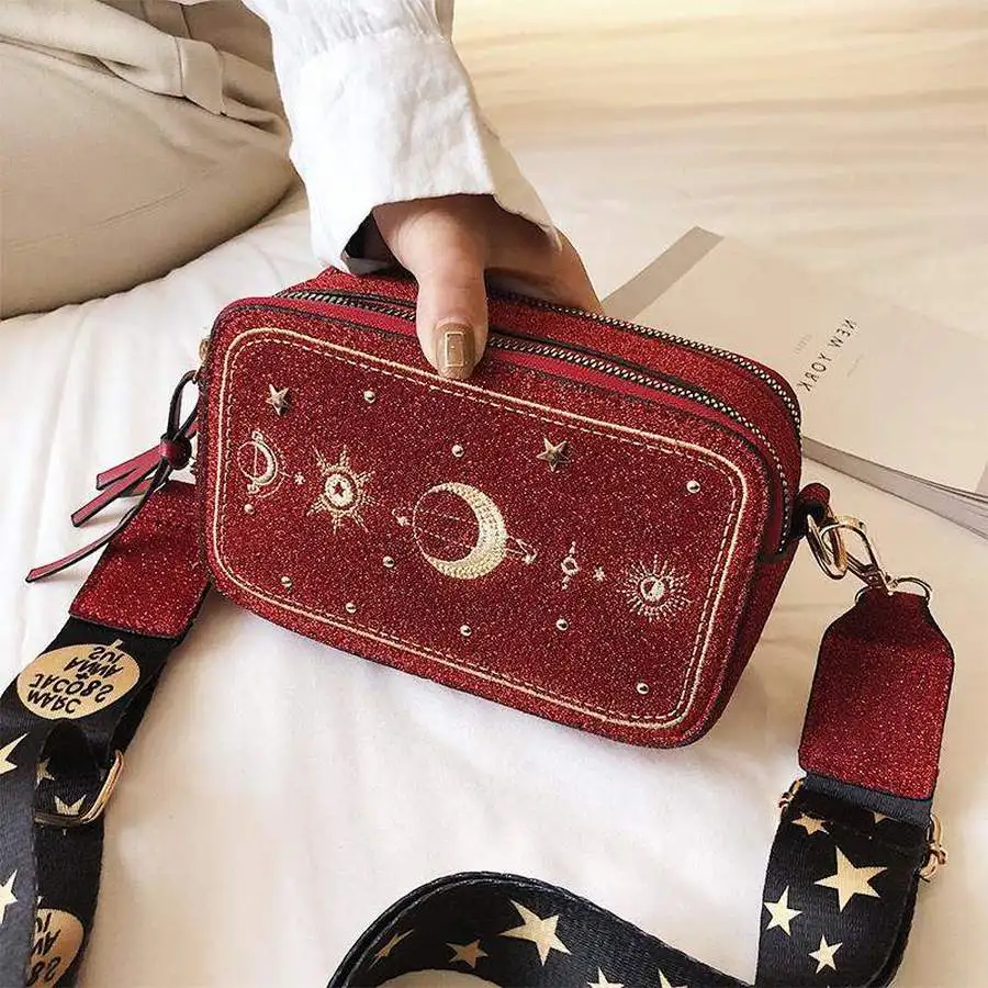 

Fashion Embroidered Star Pattern Women Crossbody Bag Designer PU Shoulder Bags Chain Purses Handbag Mini Flap Sac for Ladies