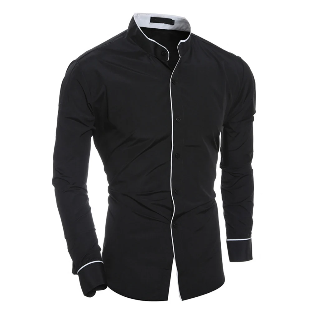 Мужской, с длинными рукавами рубашка Slim Fit Стенд воротник просто Повседневное топы на весну FS99 - Цвет: Черный
