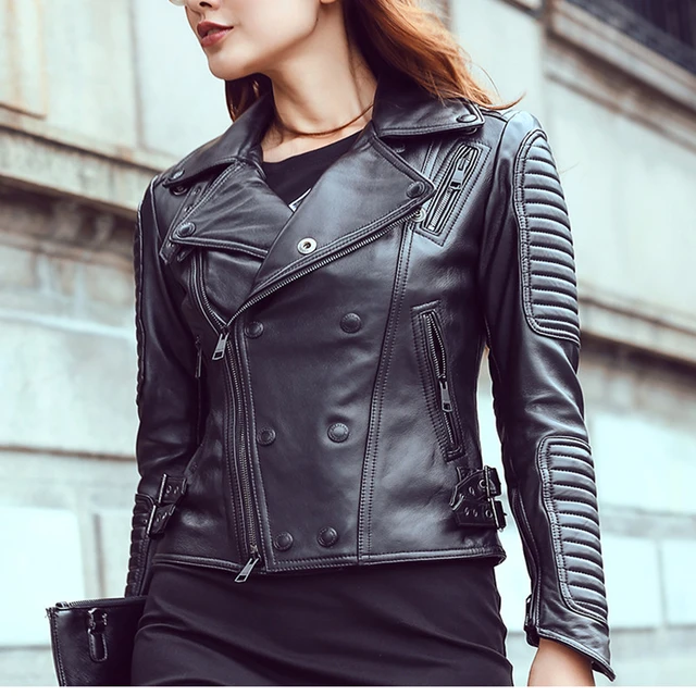 2017 Fashion Genuine Leather Jacket Women Black Sheepskin Women's