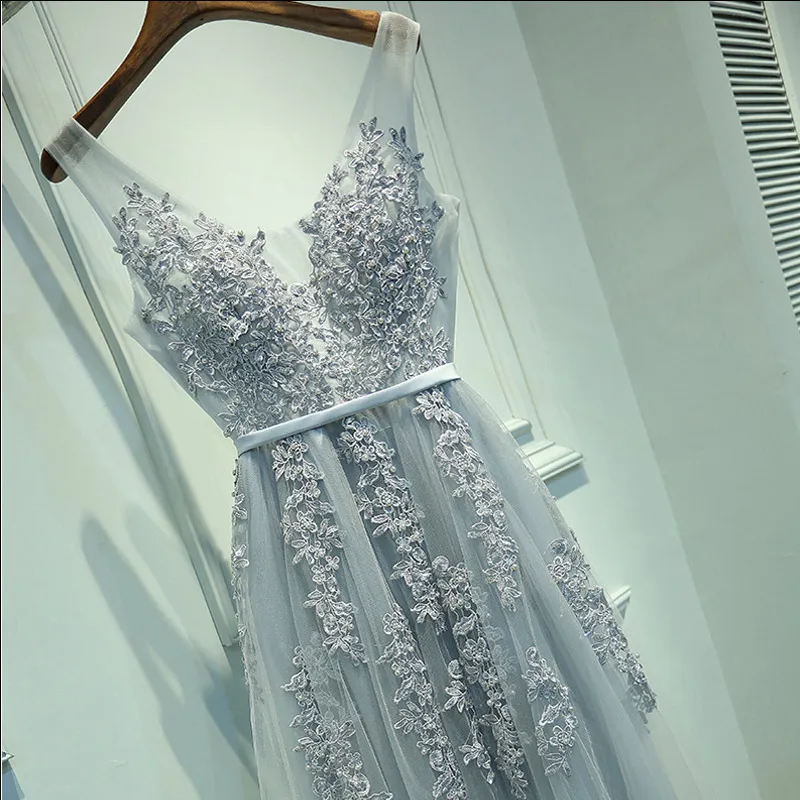 

Sexy V-neck Evening Dress Robe De Soiree 2019 High Quality Grey Tulle With Applique Evening Dresses Real Photo Vestido De Festa