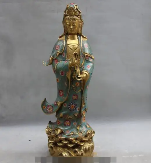 

S6750 Tibet Bronze Cloisonne Sea Lotus Kwan-yin Bodhisattva Guanyin Buddha Vase Statue D0318