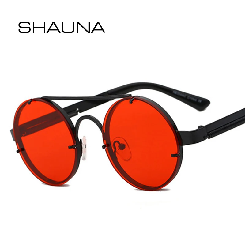 

SHAUNA Vintage Women Round steamPunk Sunglasses Brand Designer Spring Legs Fashion Men Rimless Red Tinted Lens Shades