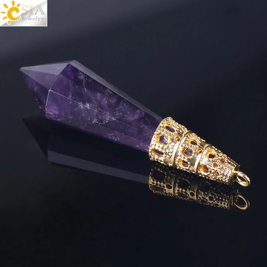 CSJA Новое поступление Jewellery Gold Цвет Ограненный Природный камень Маятник шестиугольник подвеска Хрустальный кварцевый подвес для Цепочки и