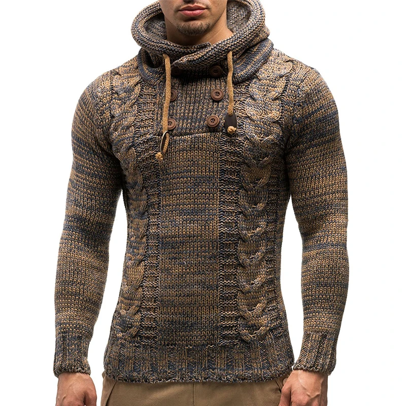 Hooded Knitted Sweater Men Solid Pullover Long Sleeve Button O Neck Cotton Sweaters Jumper Knitwear Winter Outerwear