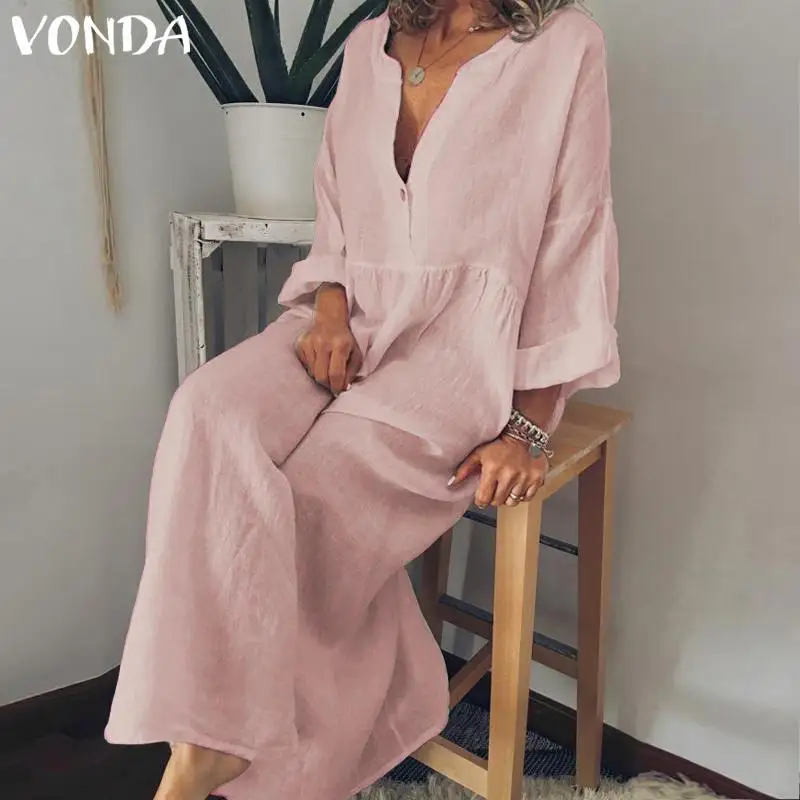 Женское платье рубашка VONDA Летнее Длинное Платье макси с длинным рукавом и v