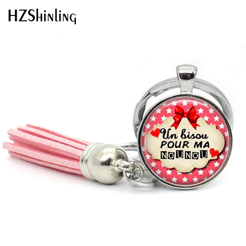 

TAK--115 Fashion La plus chouette des NOUNOUS Tassel Key Chain Handcraft Super NOUNOU Tassel Keyring Glass Cabochon Keychains