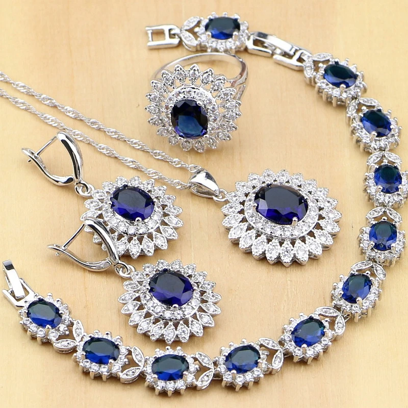 Натуральный Овальный голубой циркон белый CZ 925 серебряные ювелирные наборы для женщин вечерние серьги/кулон/ожерелье/кольца/браслет