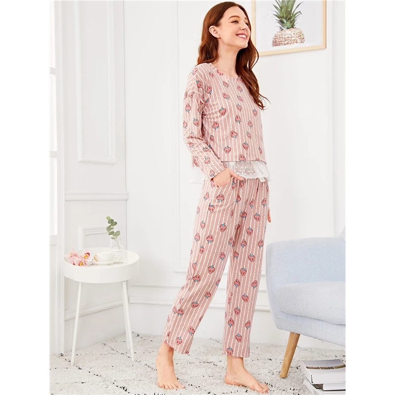 Dotfashion розовый пижамный комплект с принтом клубники и кружевной отделкой с маской для глаз, пижамы для женщин, осенняя одежда для сна, Ночная одежда с длинным рукавом