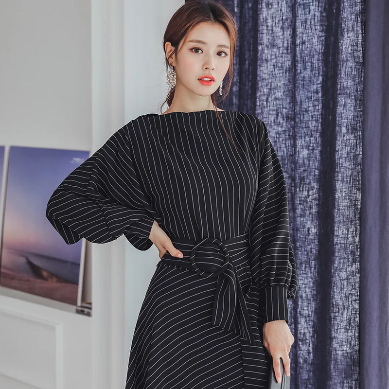 

BGTEEEVR Fashion Irregular Striped Women Dress 2018 Split Sleeve Slim Waist Female Long Vestidos OL Style A-line Dress Spring