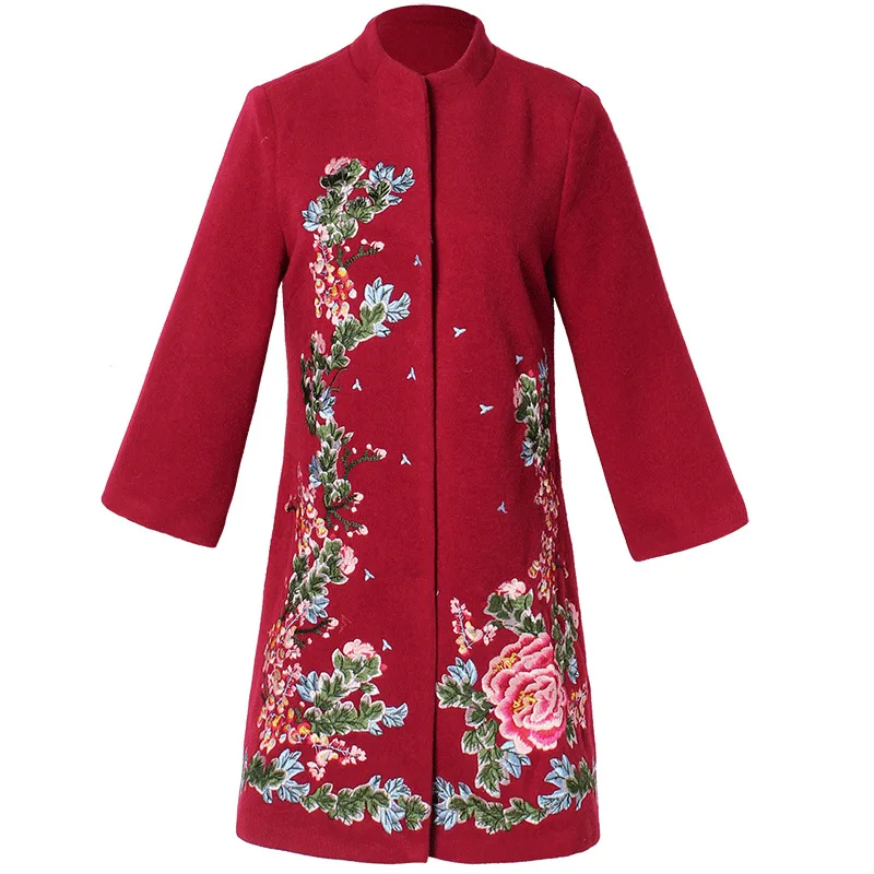 Red Black Vintage Chinese Embroidery Winter Coat Women Trench Coat Plus Size 5XL Woolen Coat For Women Long Coats 2018 High End Coats