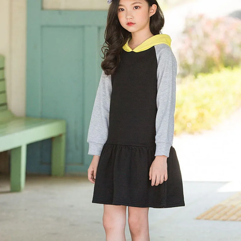 

Hooded Hoodie Dress Patchwork Little Girls Dresses Fall 2018 Boutique Kids Clothing Autumn Spring Teen Sweatshirts Long Sleeve