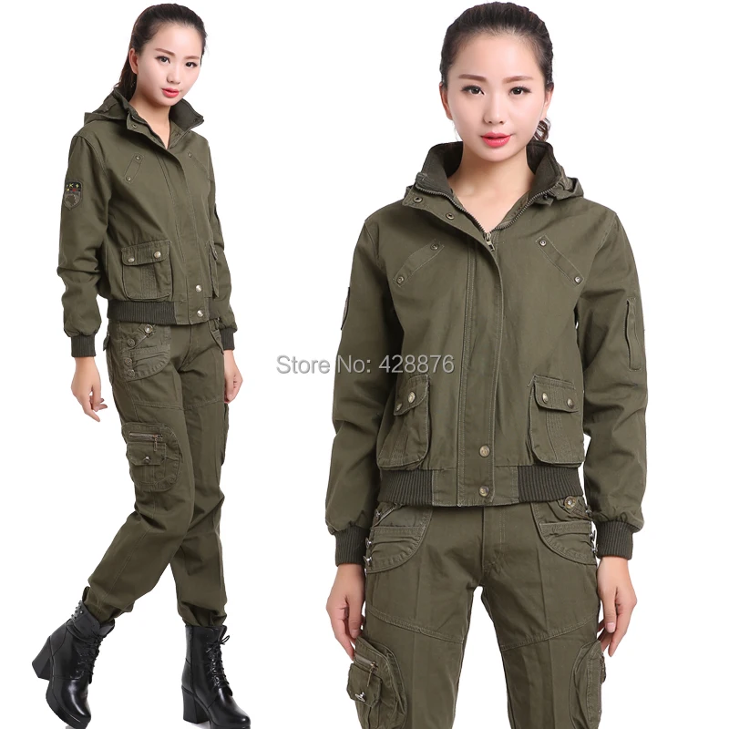 

New 2018 Spring autumn casual female olive jacket outerwear trousers set camouflage twinset Military Suit