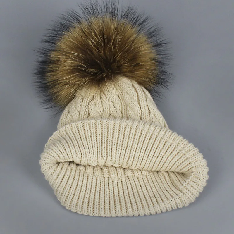Children Winter Raccoon Fur Hats 100% Real Fur pompom Beanies Cap Natural Hat for Kids Fashion Boy girl Skullies