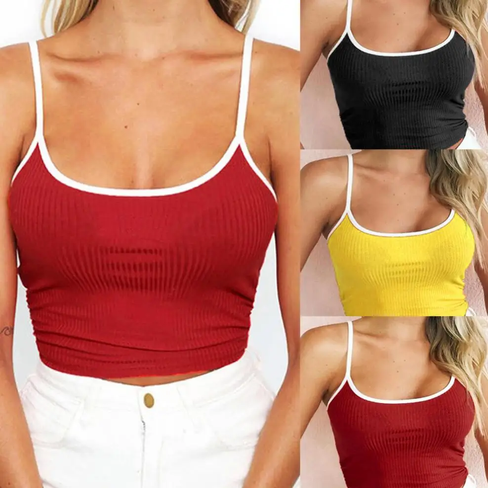 

Women's T-shirt 2019 Sexy Adjustable Shoulder Straps Round Neck Sleeveless Crop Top camisas mujer Polyester Solid canotta donna