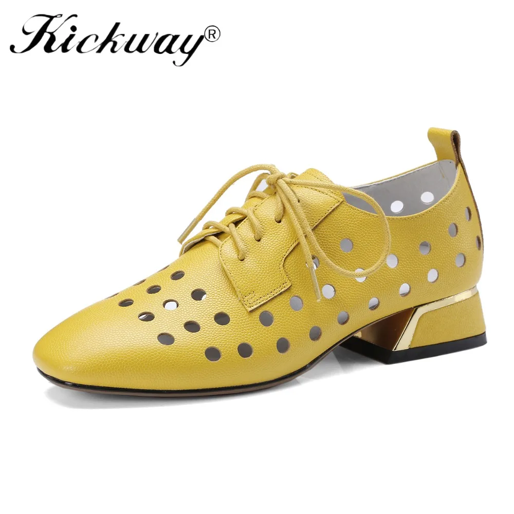 

Kickway Genuine Leather Shoes Women Lace Up Shallow Cut-outs fashion shoes Soft Comfort Shoes For Ladies Plus size 34-42
