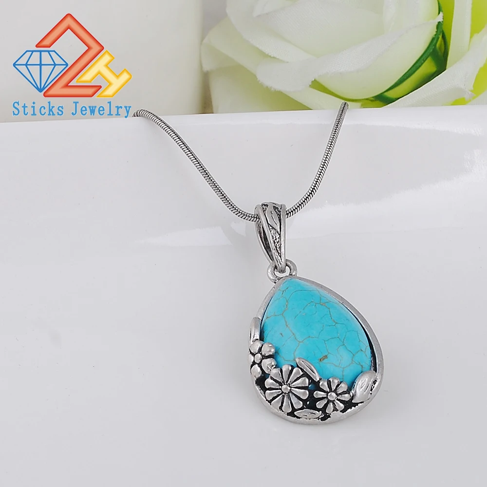 

Fashion natural stone turquoise blue teardrop-shaped pendant crystal gem stone agate necklace wholesale / retail free shipping