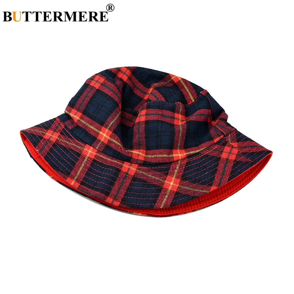 BUTTERMERE Reversible Bucket Hat Women Yellow Plaid Folding Fishing Hat Men Cotton Casual Female Colored Spring Male Bob Hats