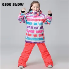 Gsou снег для девочек лыжный Водонепроницаемый ветрозащитная куртка для снежной погоды+ штаны ветрозащитная лыжная куртка для девочек зимний костюм верхняя одежда для детей