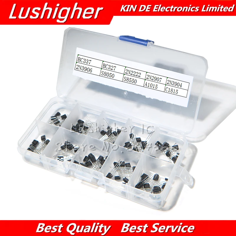 Transistors Assortment Kit 200 pcs//lot Plastic Box TO-92 10 Values 20pcs BC327 BC337 2N2222 2N2907 2N3904 2N3906 S8550 A1015 C1815