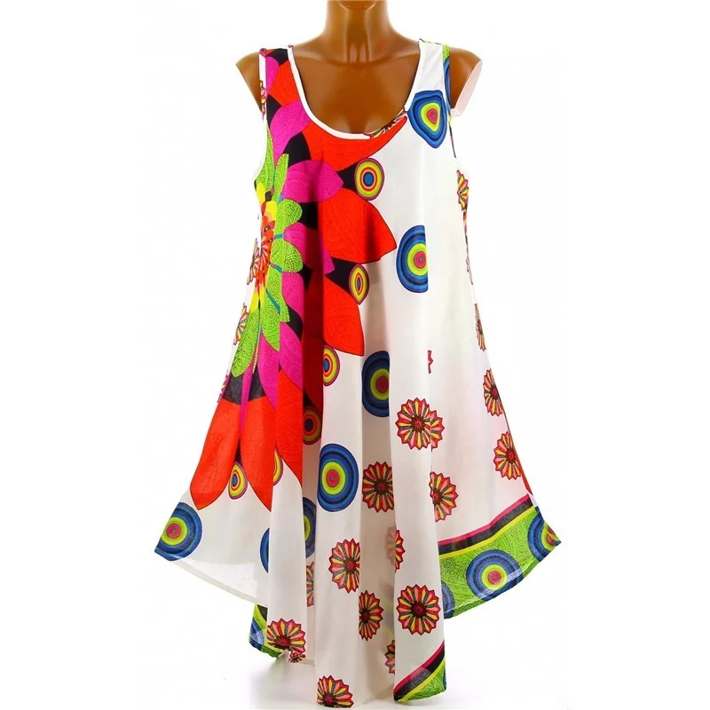 

Loose Irregular Hem Round Collar Sleeveless Sunflower Printed Summer Women A Line Dress