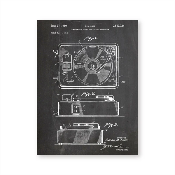 Ретро проигрыватель запатентованный чертеж Печать Виниловый проигрыватель музыкальная комната Декор Винтаж плеер картина холст картина идея подарка - Цвет: PH3300