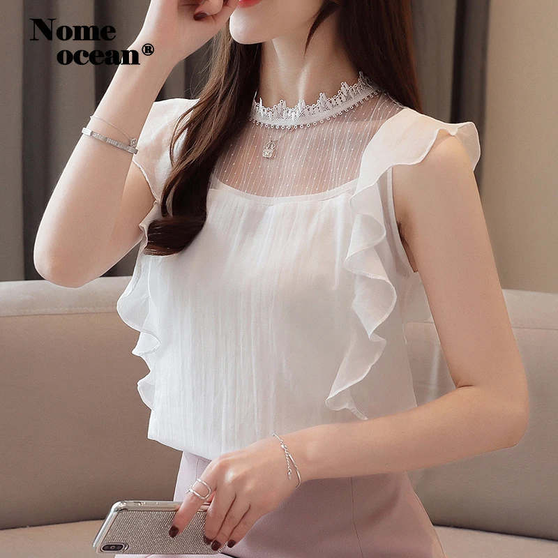

Sweet Embroidered Lace Patchwork Chiffon Blouses Ruffle Short Sleeve Shirt White Tops of Women Office Lady Top Shirt M19052627
