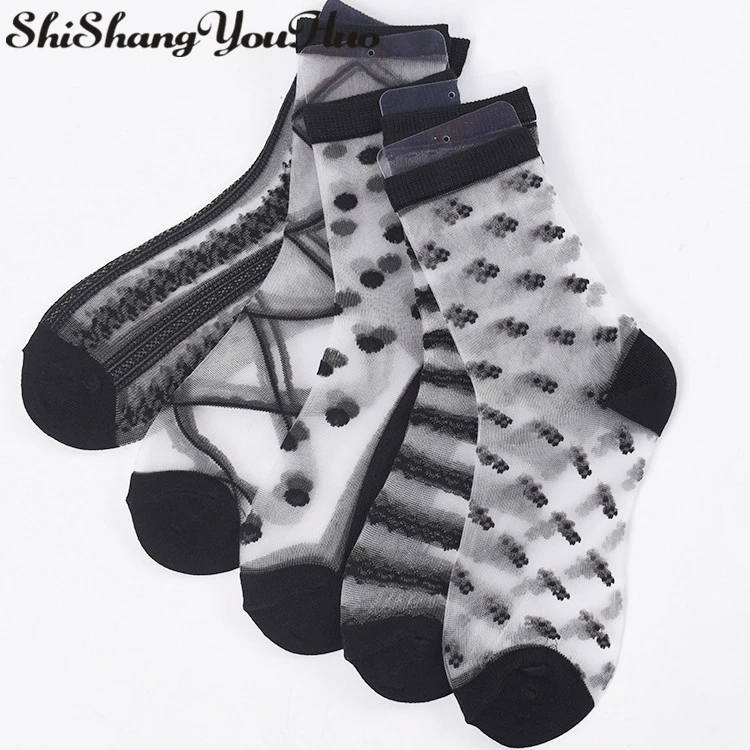 

shishangyouhuo 10pcs=5pairs/lot Comfy See Sheer Silk Sock Summer Transparent Crystal Lace Short Women Calcetines Socks Girl CW04