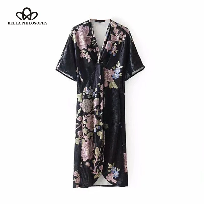 

Bella Philosophy 2019 new fashion vintage floral print dress V neck velvet short sleeve pencil dress split front black dress