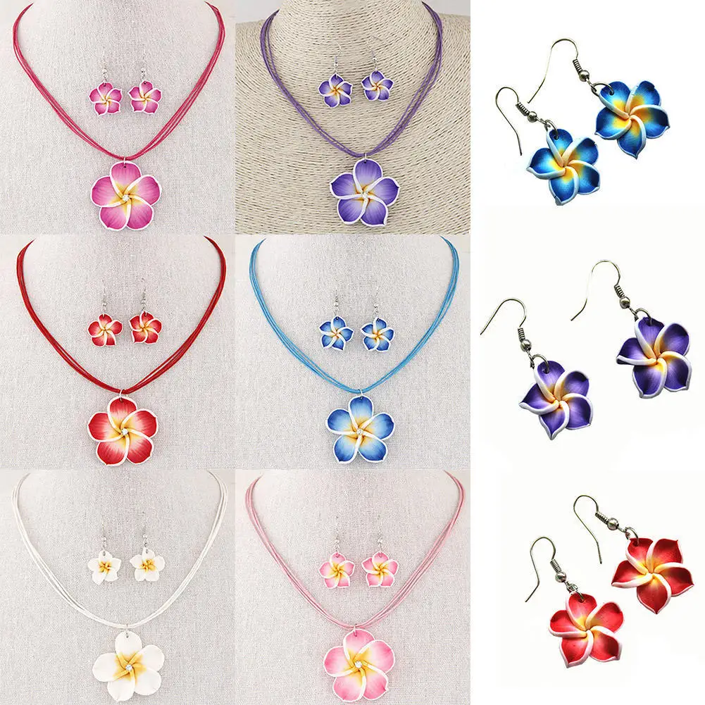 Women's sweet Plumeria Flowers Jewelry Sets Polymer Clay Fimo Earrings Pendant Necklace 2