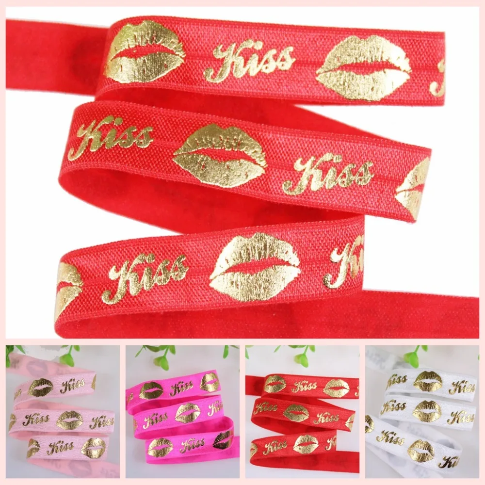 

4 Colors 5/8" gold foil lip & kiss text printed Valentine foe fold over elastic welcome custom printed