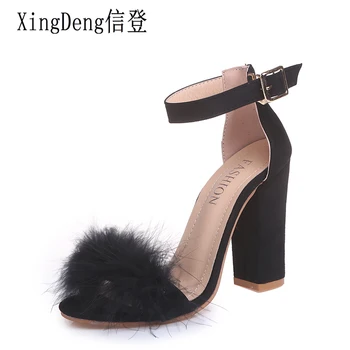 

XingDeng Ladies Ankle Strap Flock Party Thin Heel Bukle Sandals Size 34-43 Women Artificial Rabbit Fur High Heels Sandals Shoes