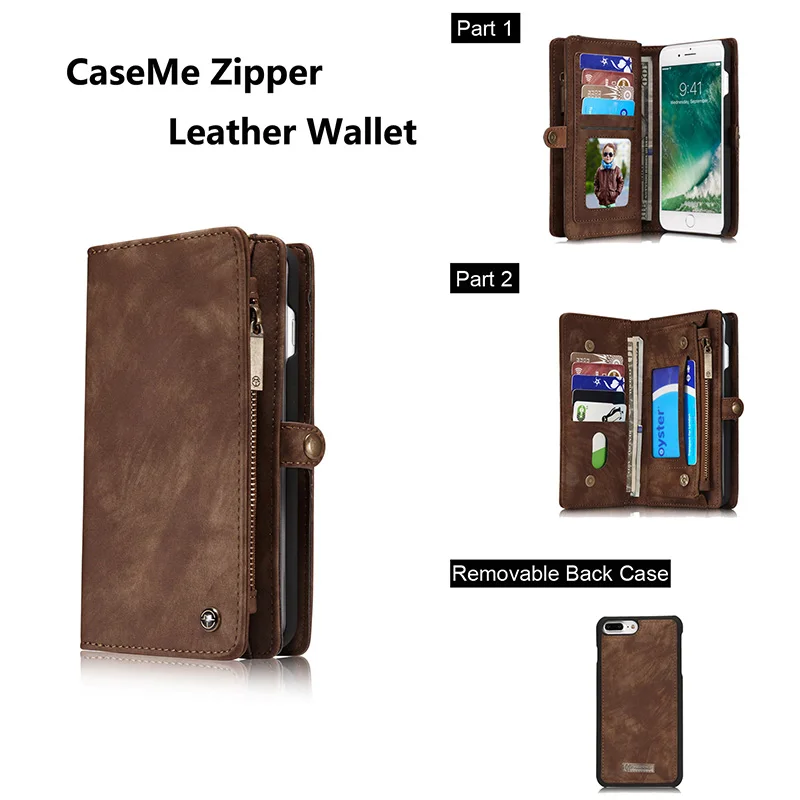 Multifunction Unique Design Zipper Leather Wallet Magnetic Removable Back Case For iPhone 7 / 7 Plus Flip Cover Card Holder